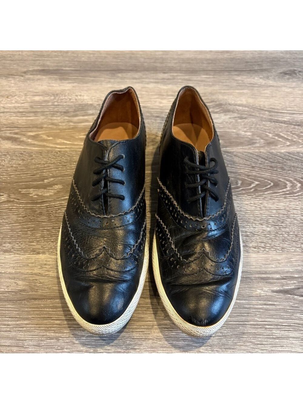 ALL BLACK Leather Brogue Oxfords Black White Sole EU 40 US 9-9.5